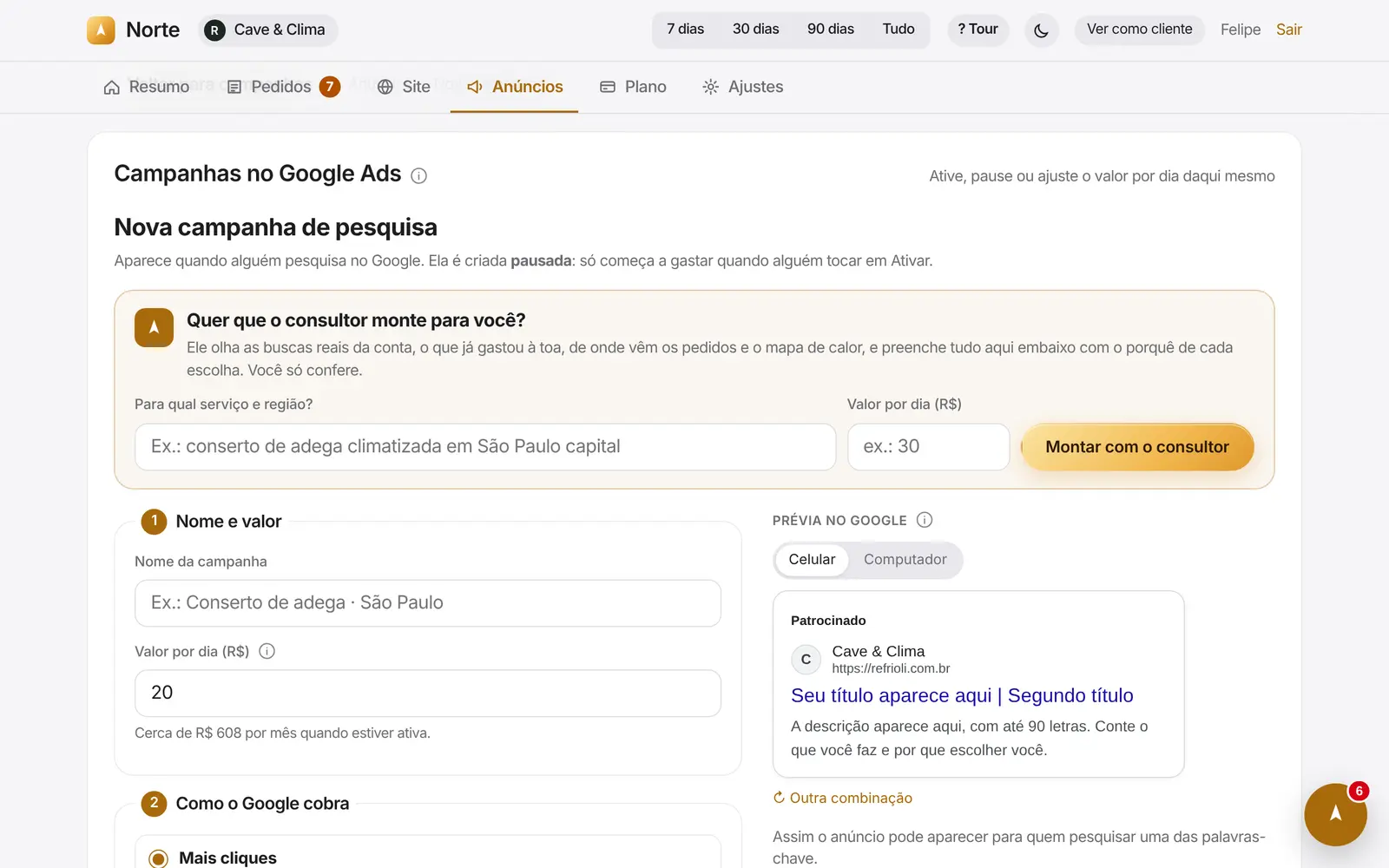 Tela de nova campanha do Norte, com o consultor montando e a prévia no Google
