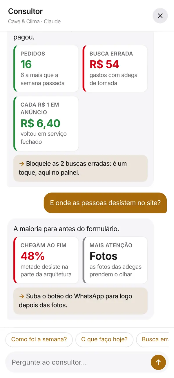 Consultor do Norte respondendo no celular, com cartões de pedidos, buscas erradas e retorno do anúncio